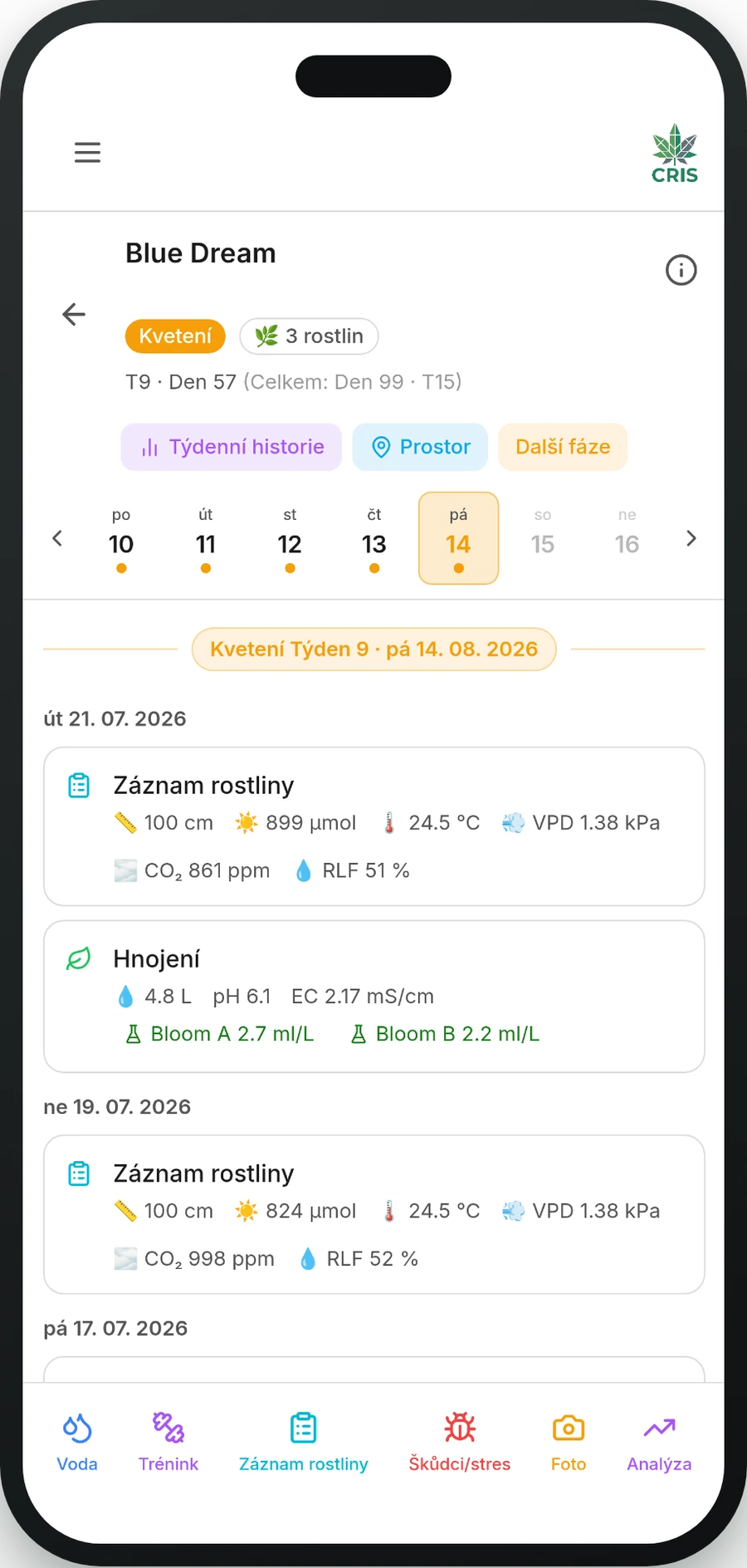 Aplikace CRIS s deníkem Denní pěstování na chytrém telefonu