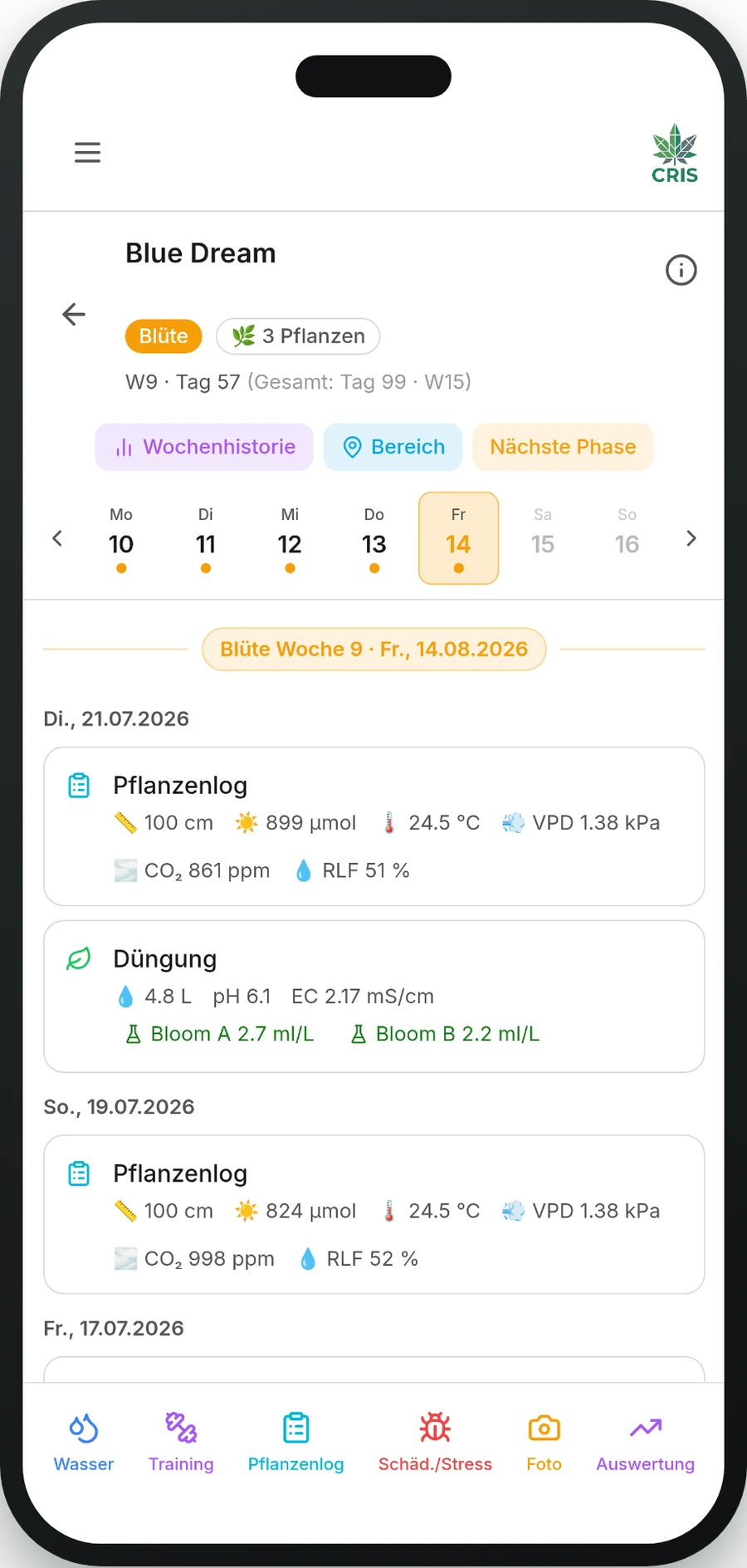 CRIS App mit dem Daily-Grow-Tagebuch auf einem Smartphone