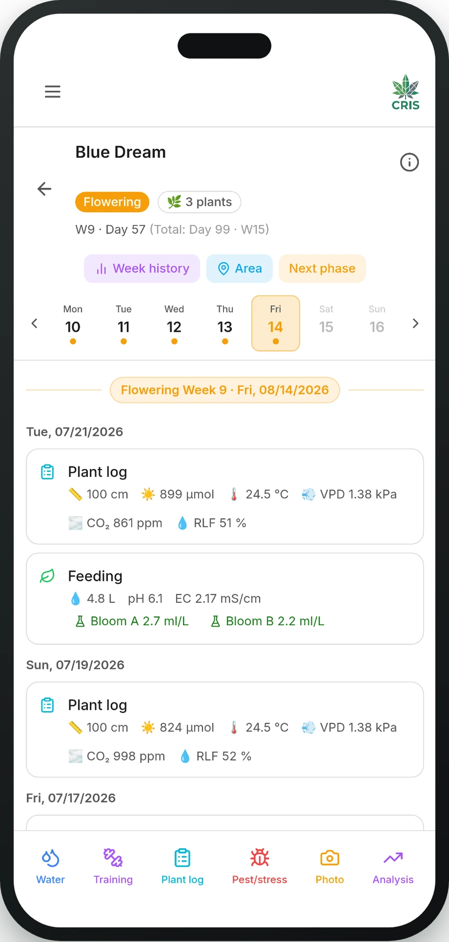 CRIS app showing the Daily Grow journal on a smartphone