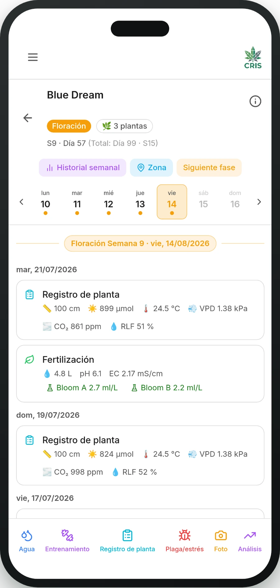La app CRIS mostrando el diario de cultivo en un smartphone