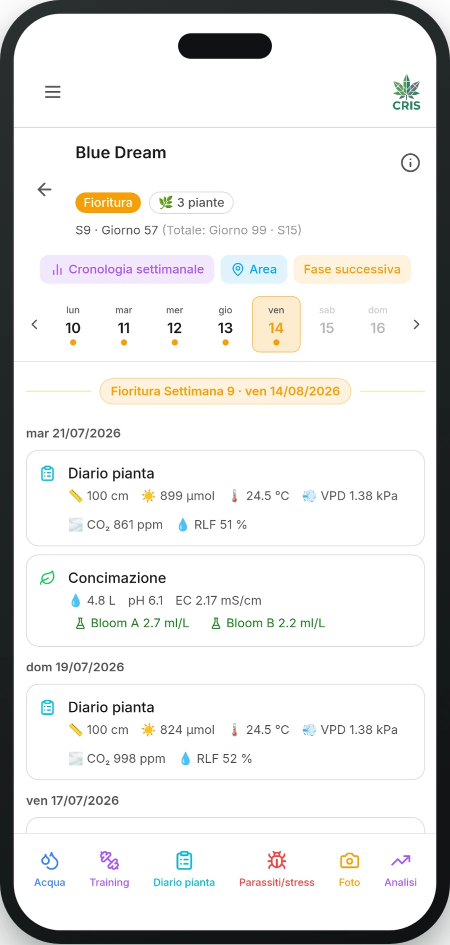 L'app CRIS con il diario Coltivazione giornaliera su uno smartphone