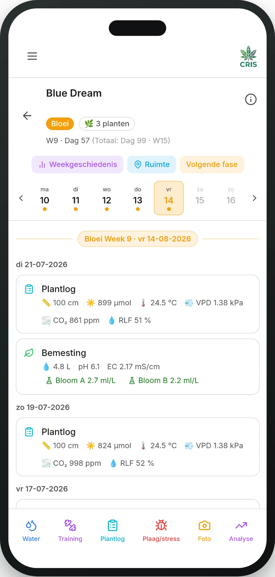 De CRIS-app met het dagboek Dagelijkse kweek op een smartphone