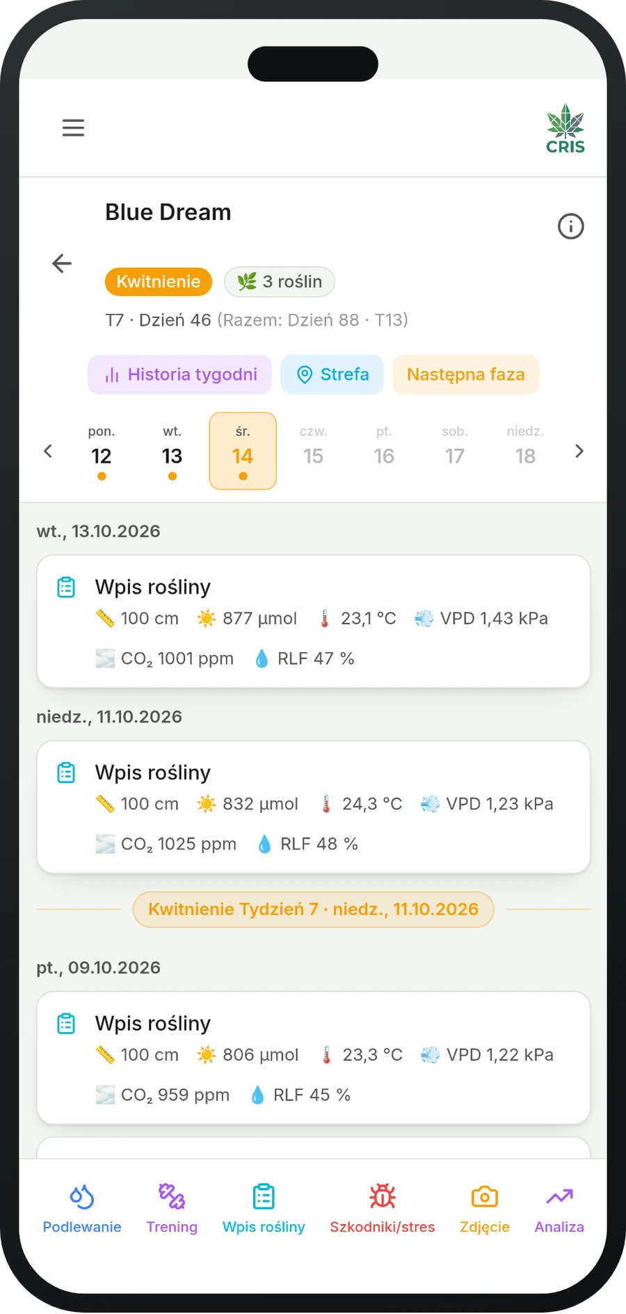 Aplikacja CRIS z dziennikiem Codzienna uprawa na smartfonie