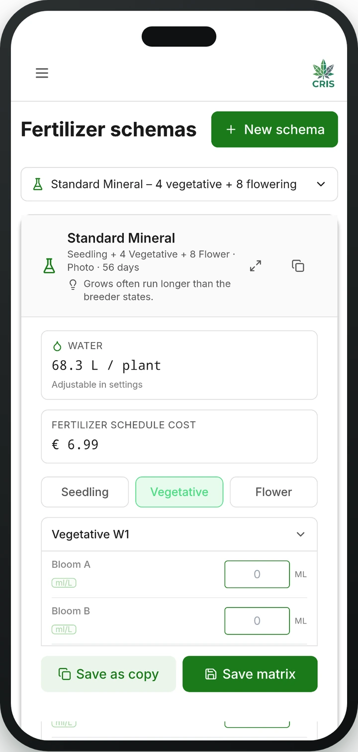 Feeding schedule in the CRIS app