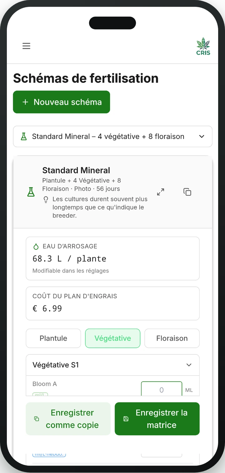 Plan de fertilisation dans l'appli CRIS